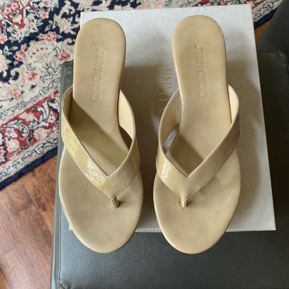 Jimmy Choo Patents leather wedge platform sandals, size 38.5